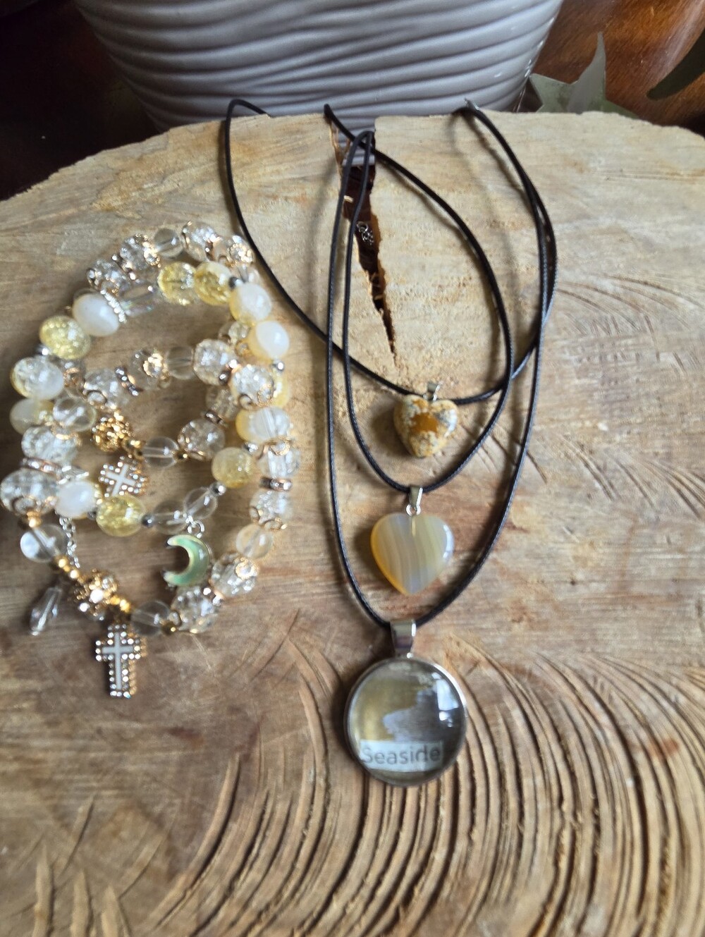 Handcrafted Set Of 6 Glass Beaded Stretch Bracelet, Stone Heart Necklaces